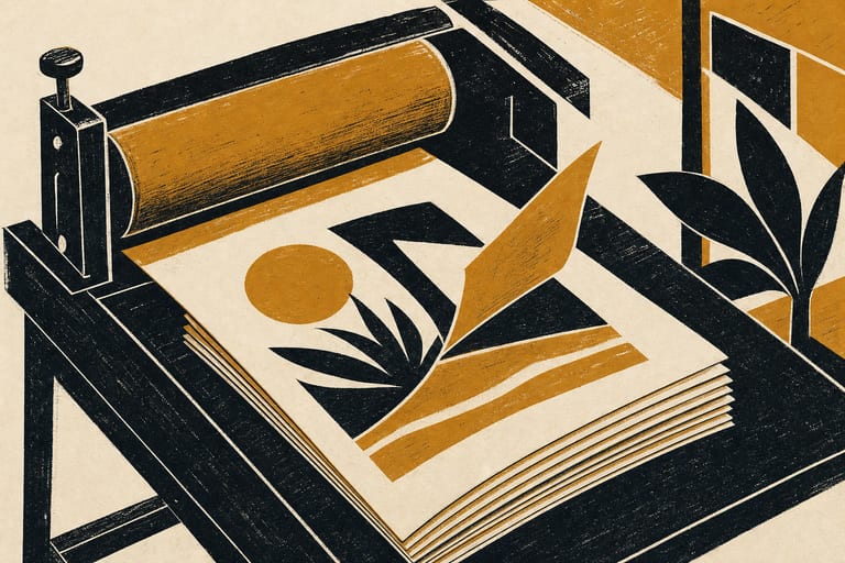 Prensa de imprenta con una pila de pliegos y una hoja levantándose, linograbado en negro y ocre