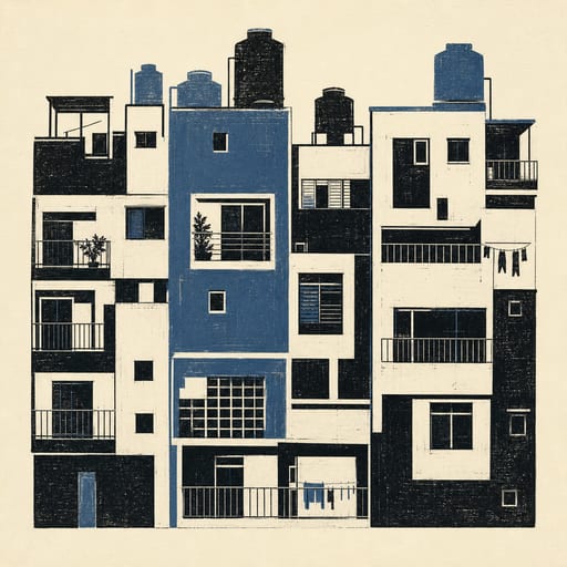 Bloque de fachadas modernistas con balcones y tanques de agua, linograbado en negro y azul pizarra