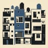 Bloque de fachadas modernistas con balcones y tanques de agua, linograbado en negro y azul pizarra