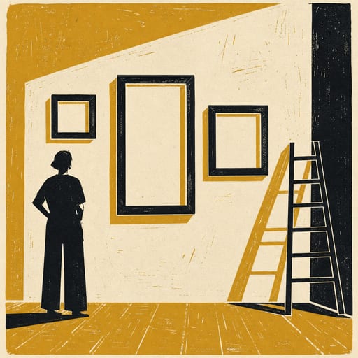 Pared de galería con tres marcos vacíos y una escalera apoyada, linograbado en negro y mostaza