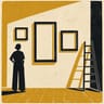 Pared de galería con tres marcos vacíos y una escalera apoyada, linograbado en negro y mostaza