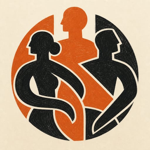 Tres siluetas humanas abstractas entrelazadas como formas talladas en madera, linograbado en negro y naranja quemado
