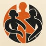 Tres siluetas humanas abstractas entrelazadas como formas talladas en madera, linograbado en negro y naranja quemado