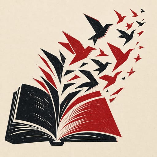 Libro abierto cuyas páginas se deshacen en una bandada de pájaros angulares, linograbado en negro y rojo profundo