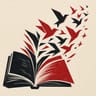 Libro abierto cuyas páginas se deshacen en una bandada de pájaros angulares, linograbado en negro y rojo profundo