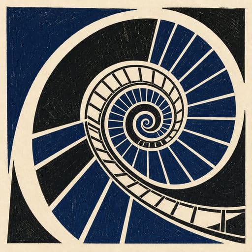 Escalera de caracol vista desde abajo, resuelta en una espiral geométrica, linograbado en negro e índigo
