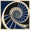 Escalera de caracol vista desde abajo, resuelta en una espiral geométrica, linograbado en negro e índigo